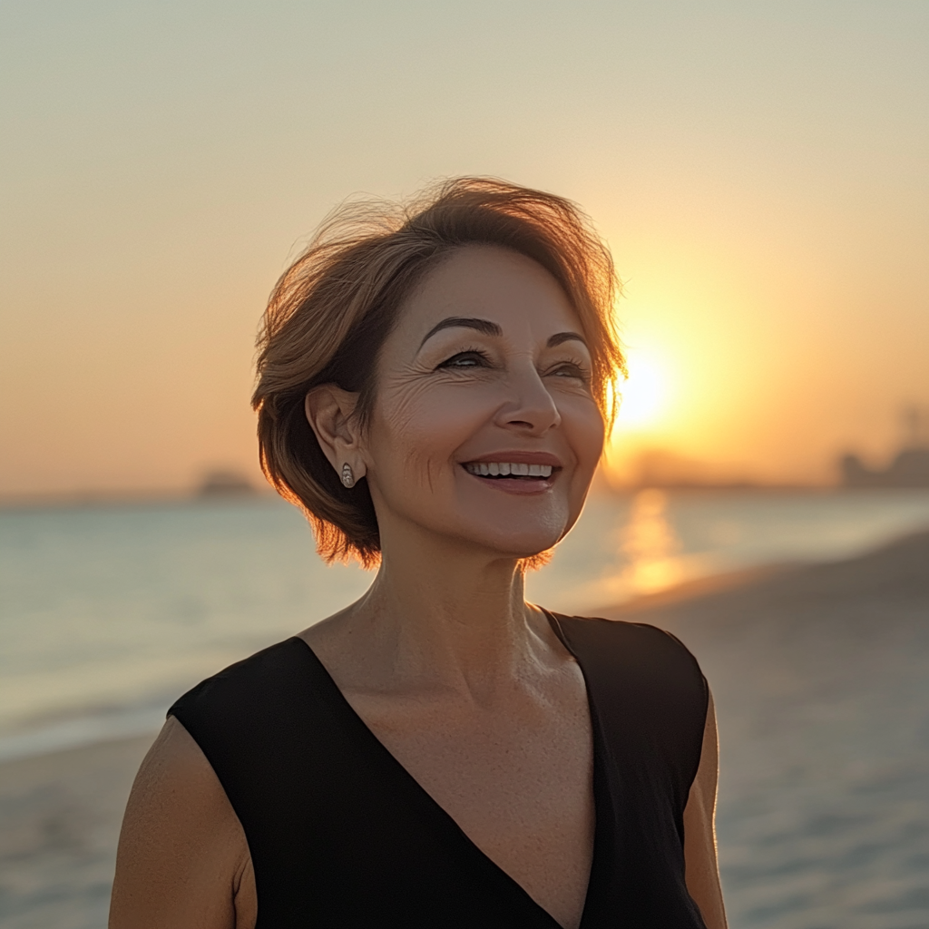 Happy Kuwaiti woman in her sixties smiling on beach.