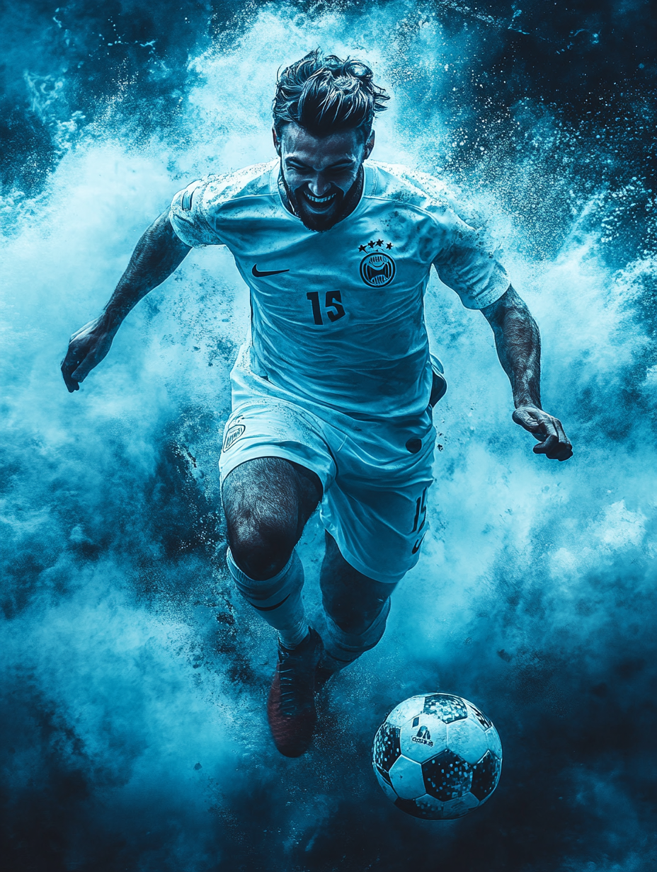 Happy Male Soccer Players in Cyan and Black Jerseys