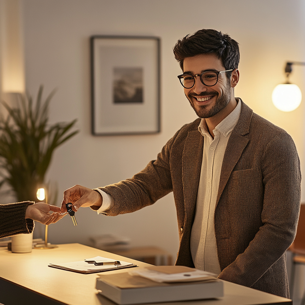 Happy Man Gives Key to Tenant in Office