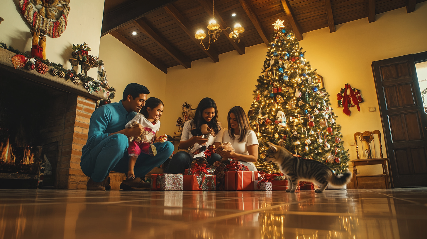 Happy Mexican Family Celebrating Christmas with Pets