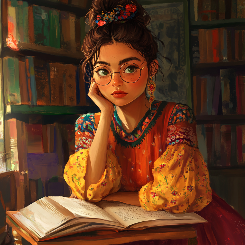 Happy Mexican woman with messy bun in colorful library.