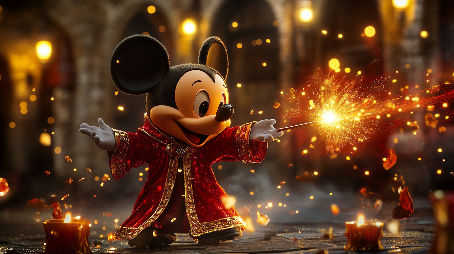 Happy Mickey Mouse in Gryffindor robes performing magic spells.