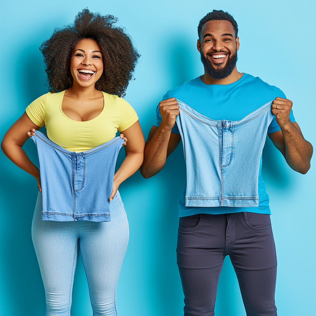 Happy Mixed-Race Couple Showing Weight Loss Success 