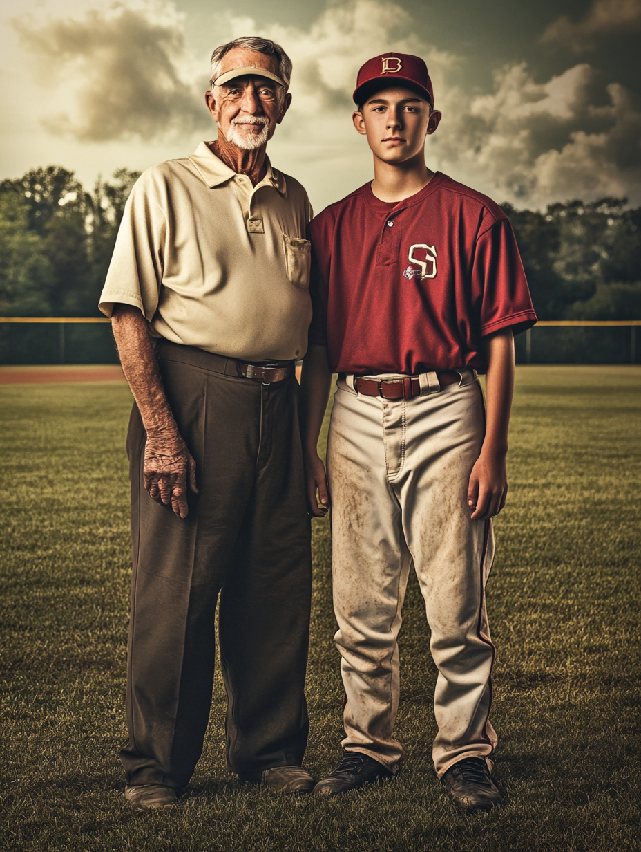 Happy Older and Younger Man at Baseball Field