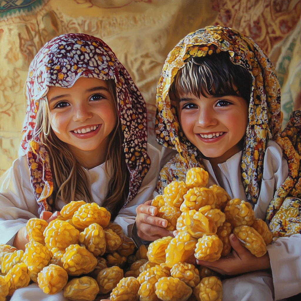 Happy Omani Kids Playing with Yellow Dates