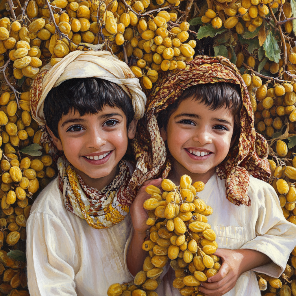 Happy Omani children play near yellow dates.