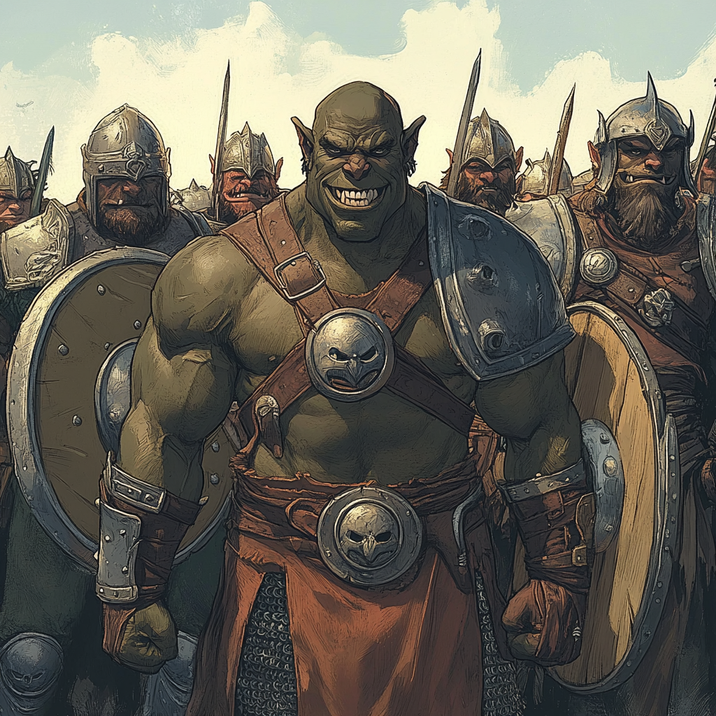 Happy Orc stands among armored warriors bravely.