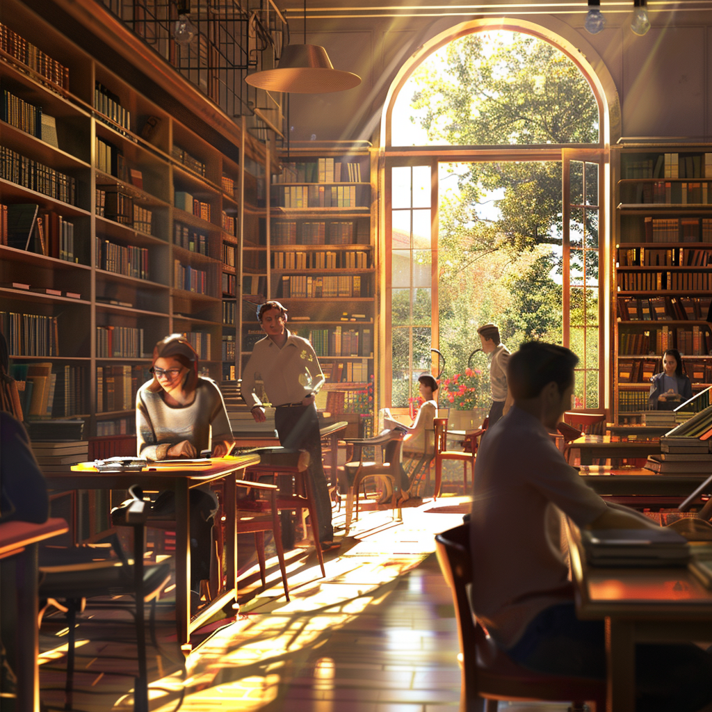 Happy People in Spanish Library Background, Photorealistic 4K Photo