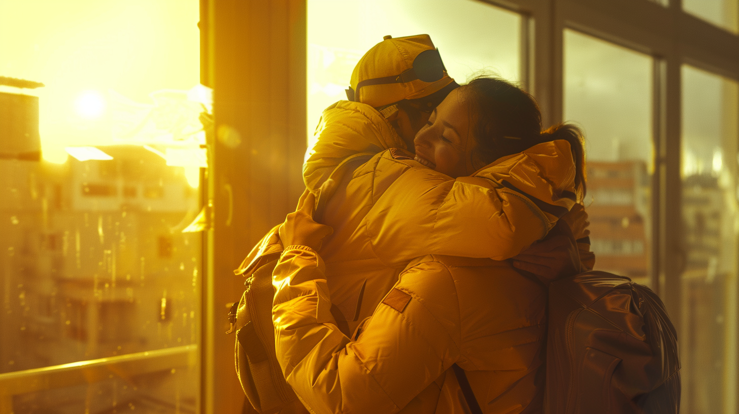 Happy Postal Workers Hugging in Office Setting