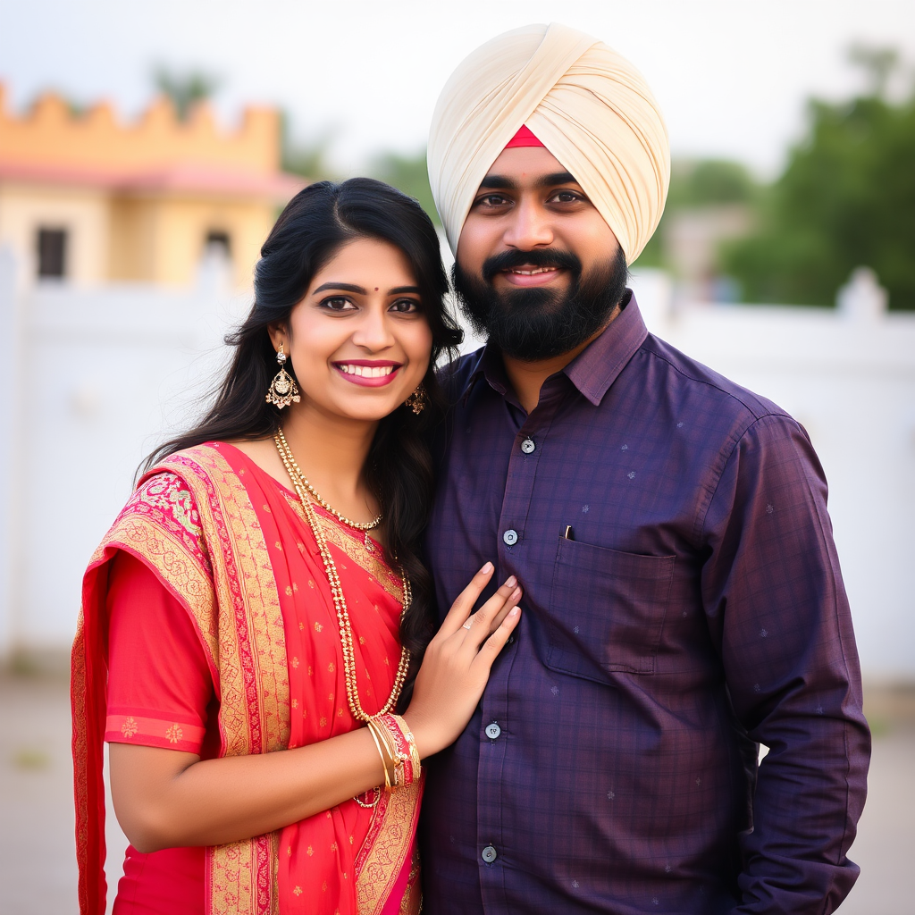 Happy Punjabi couple celebrating wedding in traditional attire