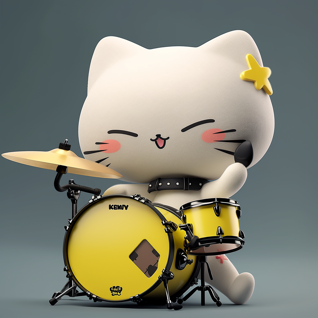 Happy Rockstar Drummer Cat Plushie in Dynamic Pose