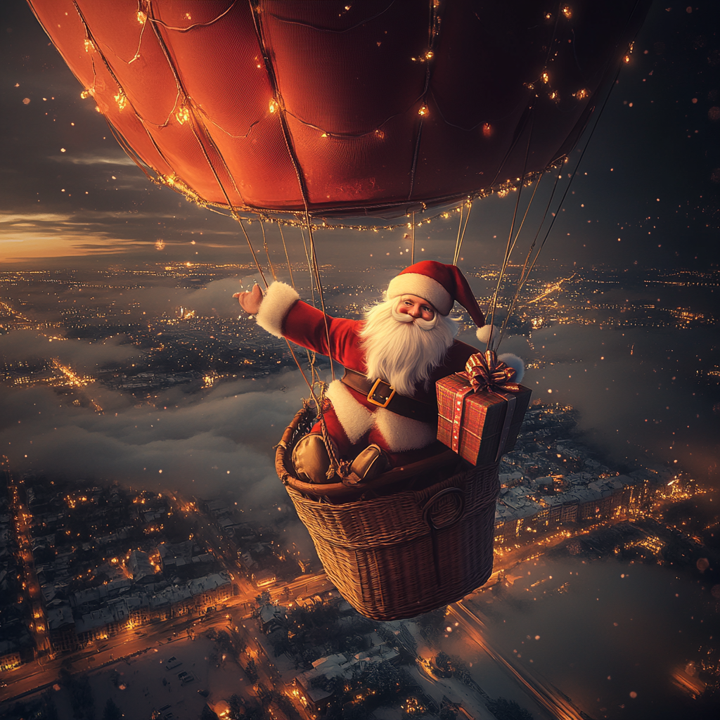 Happy Santa Claus in Surreal Hot Air Balloon