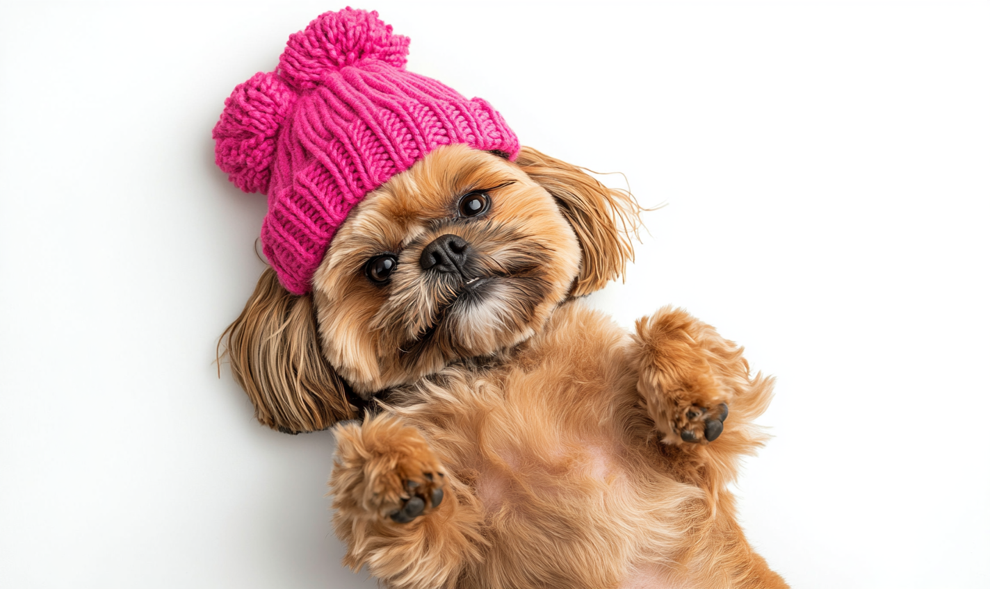 Happy Shih-tzu dog wearing pink beanie, lying down