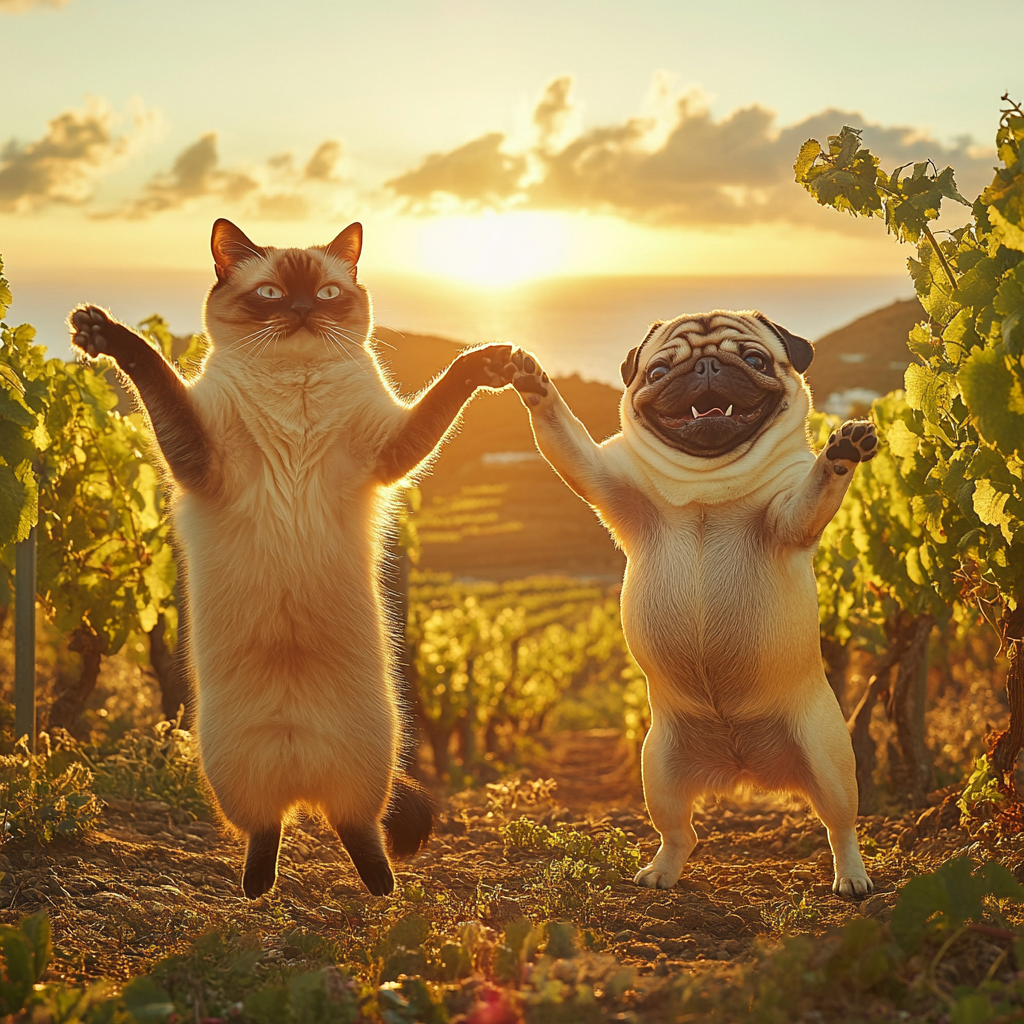 Happy Siamese cat and goofy Pug dancing in vineyard.