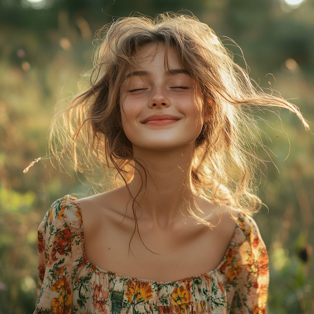 Happy Slavic girl with cheerful expression, natural summer clothes.