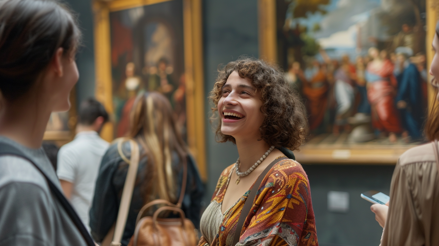 Happy Spanish museum guide explains painting to group