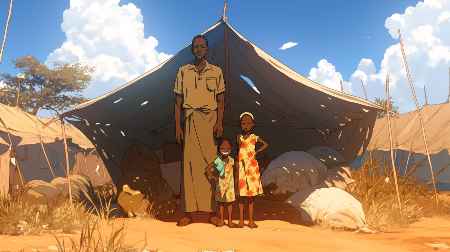 Happy Sudanese Family in Refugee Camp, Smiling, Anime Style