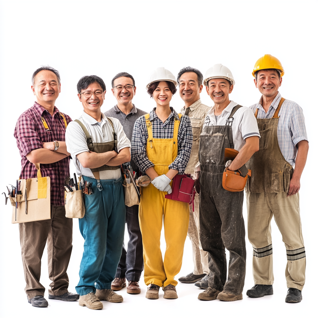 Happy Taiwanese professionals - plumbers, engineers, painters, bakers, architects.