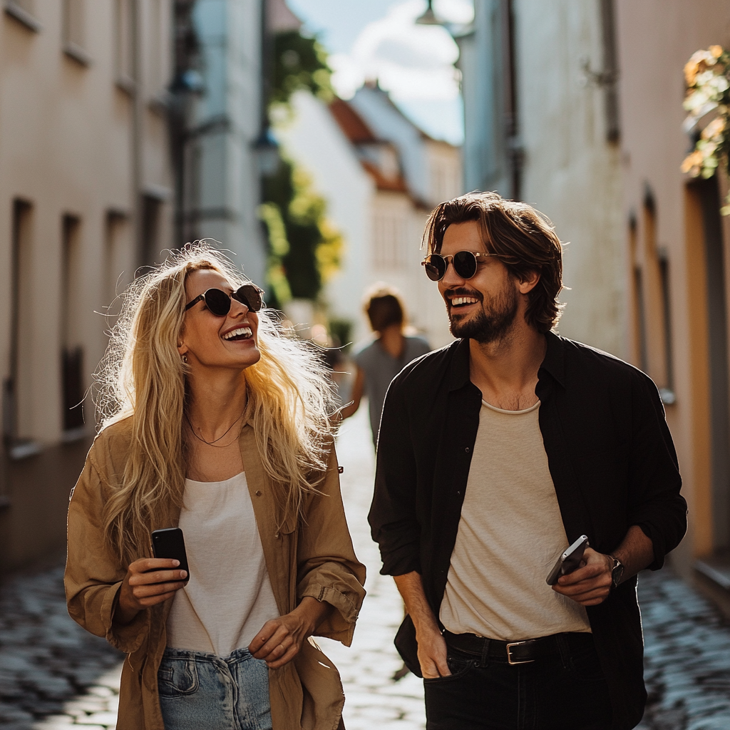 Happy Tourists Strolling European Cobblestone Street 