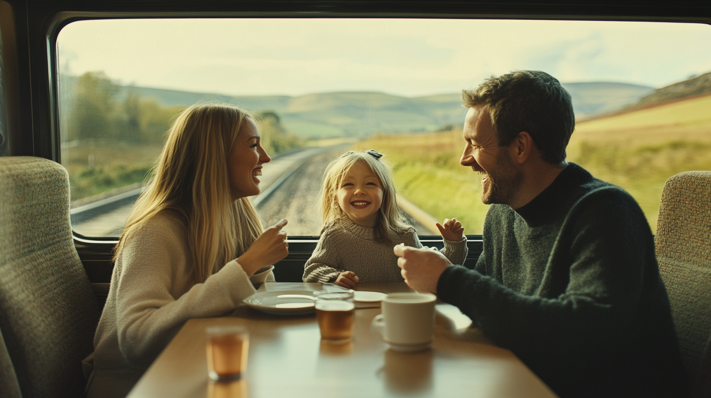 Happy UK family on train watching countryside