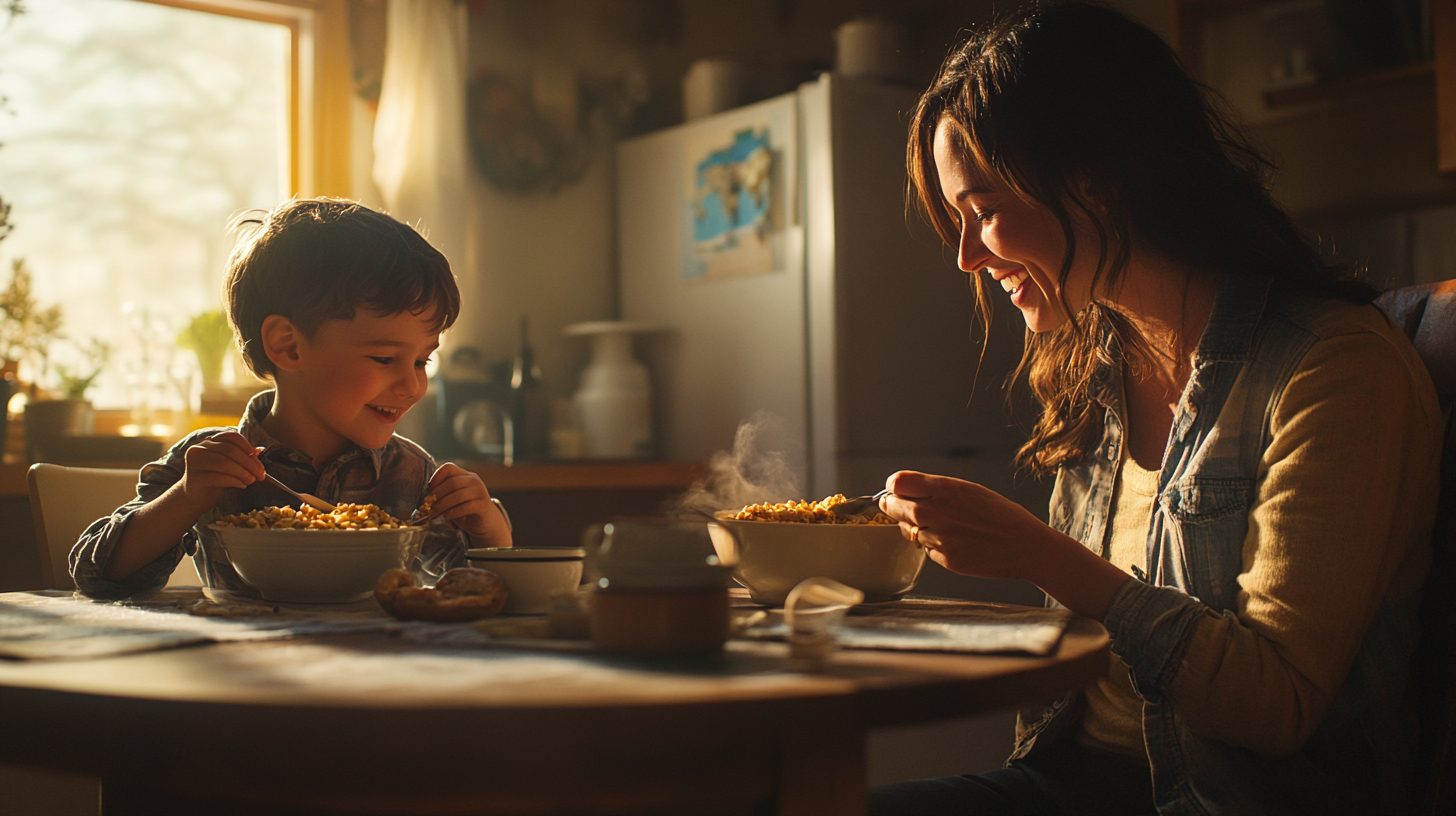 Happy Woman and Son Eating Cereal for Breakfast