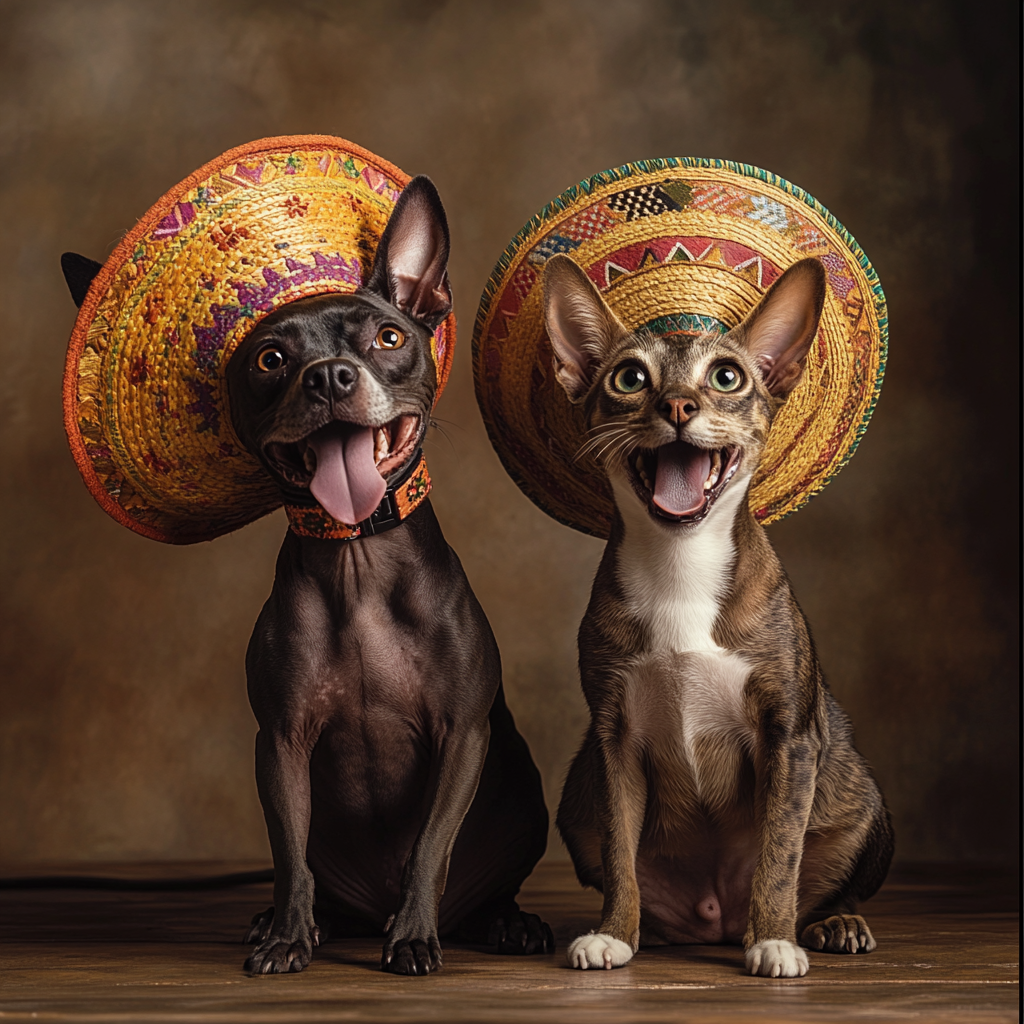 Happy Xoloitzcuintle and Cat with Mexican Hats, Magazine Photo