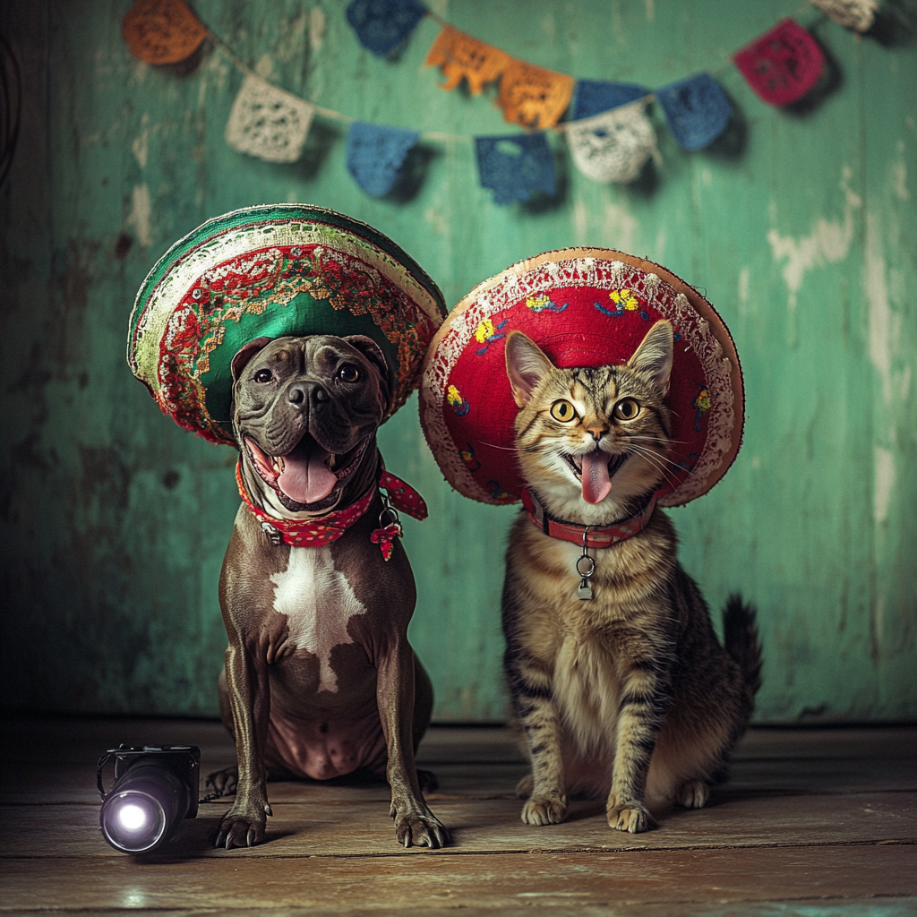 Happy Xoloitzcuintle and Tabby Cat Celebrate Mexican Independence