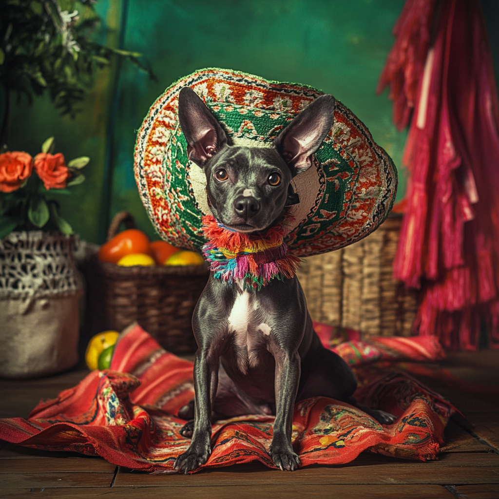 Happy Xoloitzcuintle in Mexican Backyard with Hat 