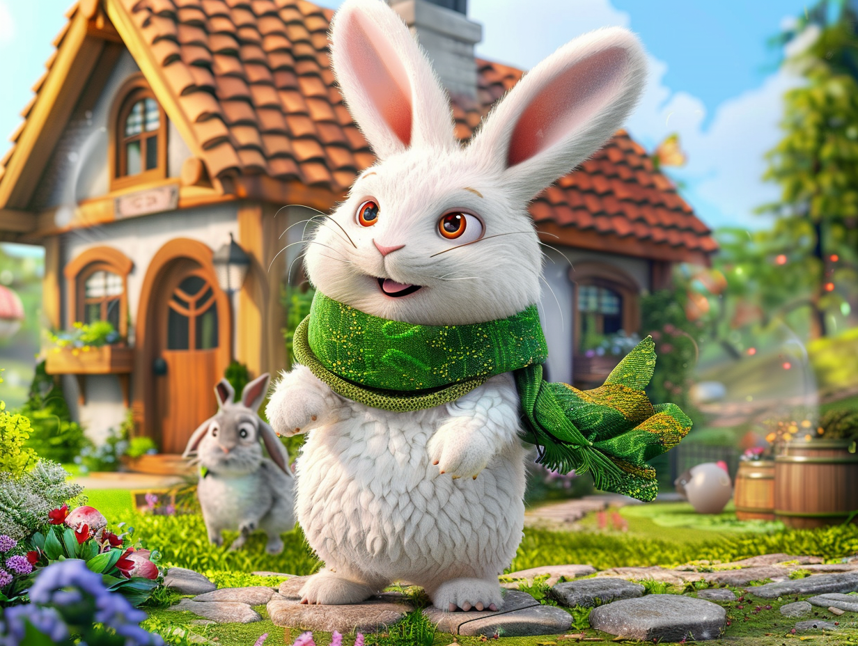 Happy animals with fluffy white rabbit in green scarf.