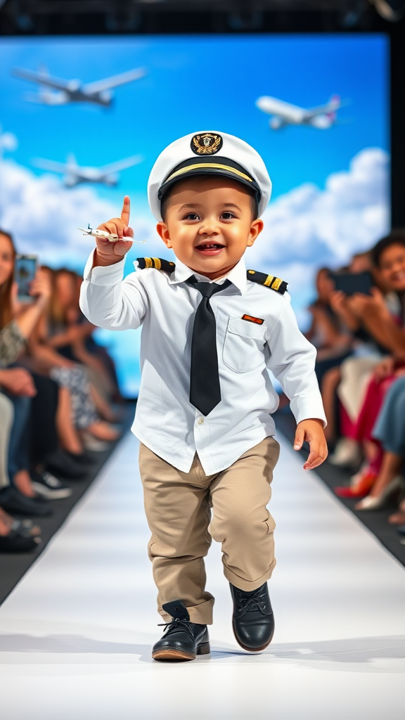 Happy baby pilot walks runway, pointing to sky.