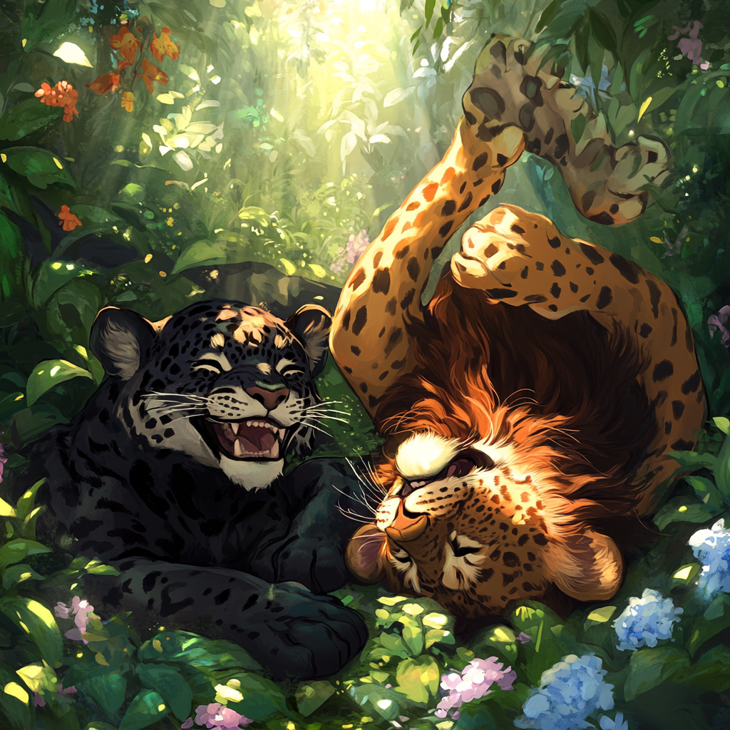 Happy black jaguar and lion in the forest