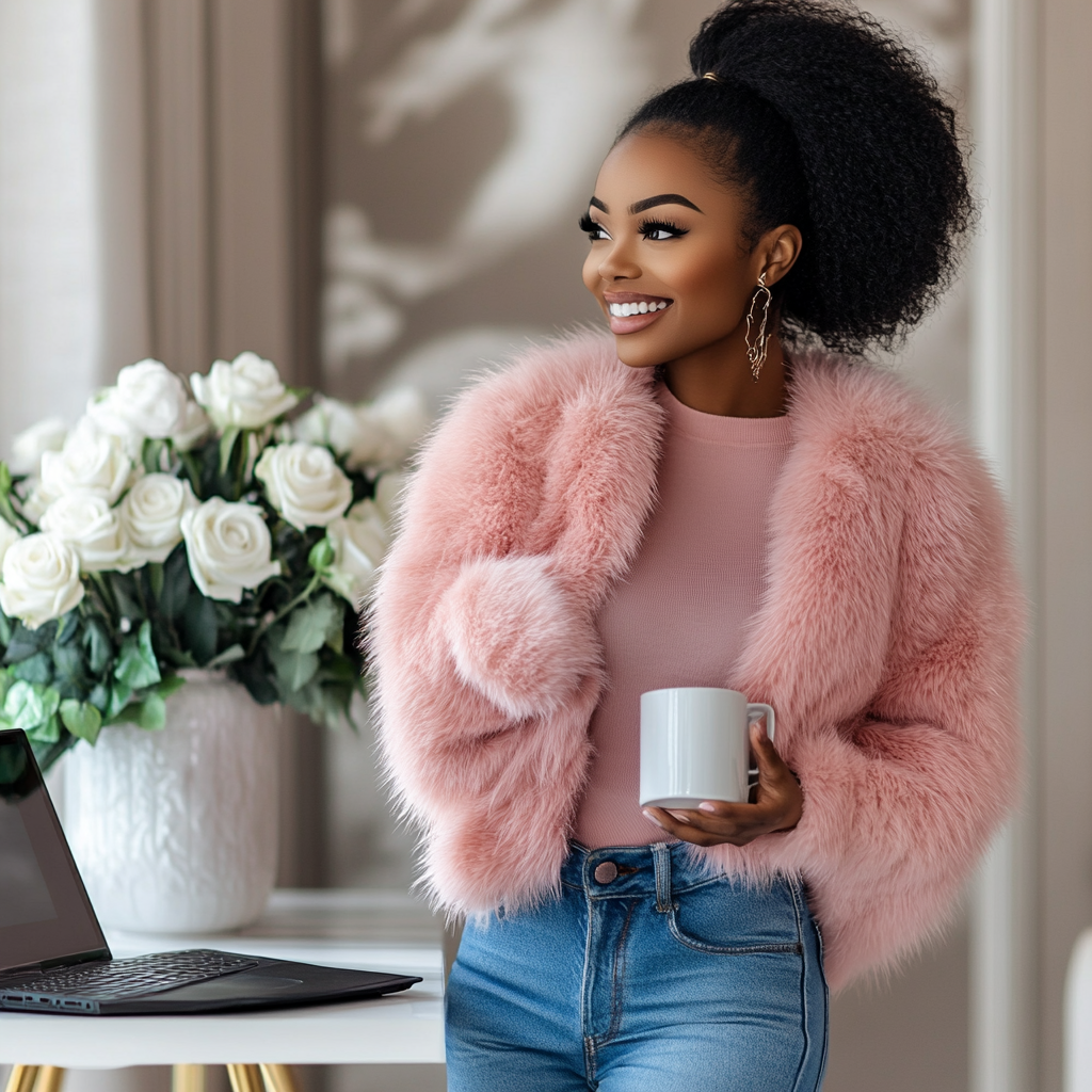 Happy black woman in luxury home office.