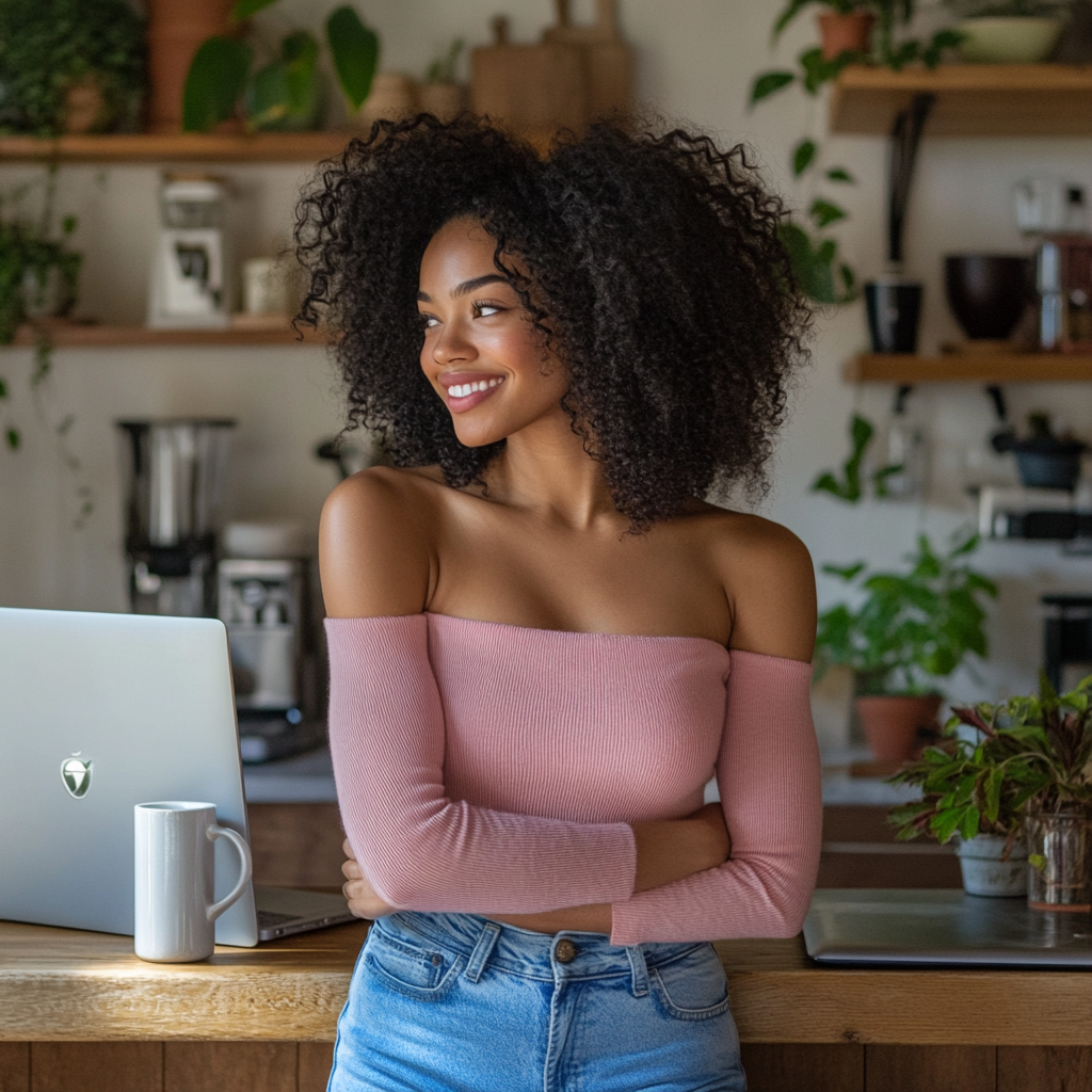 Happy black woman in pink top and jeans poses.