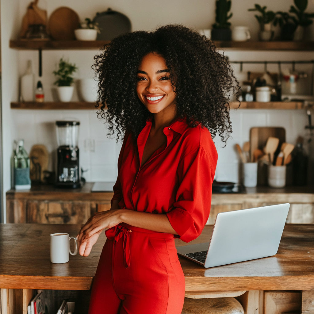 Happy black woman in red outfit with laptop.