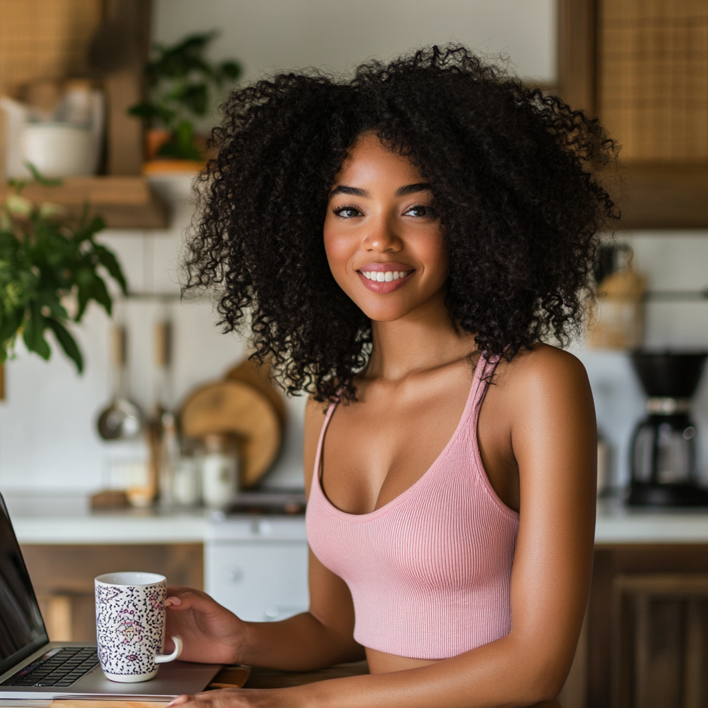 Happy black woman with laptop in home kitchen.