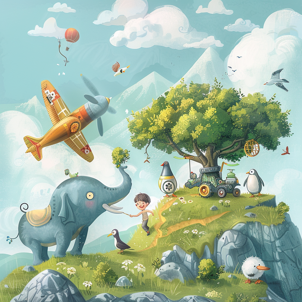 Happy boy and elephant on grassy mountain with animals.