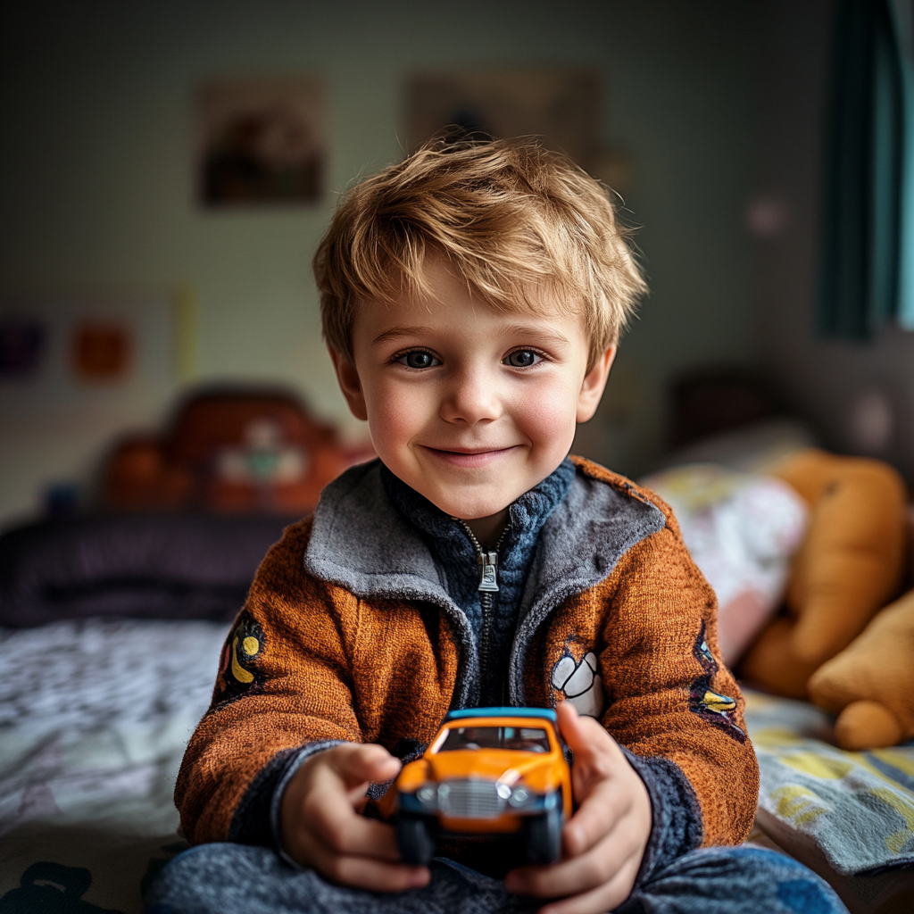 Happy boy in 50's bedroom playing with toy car.