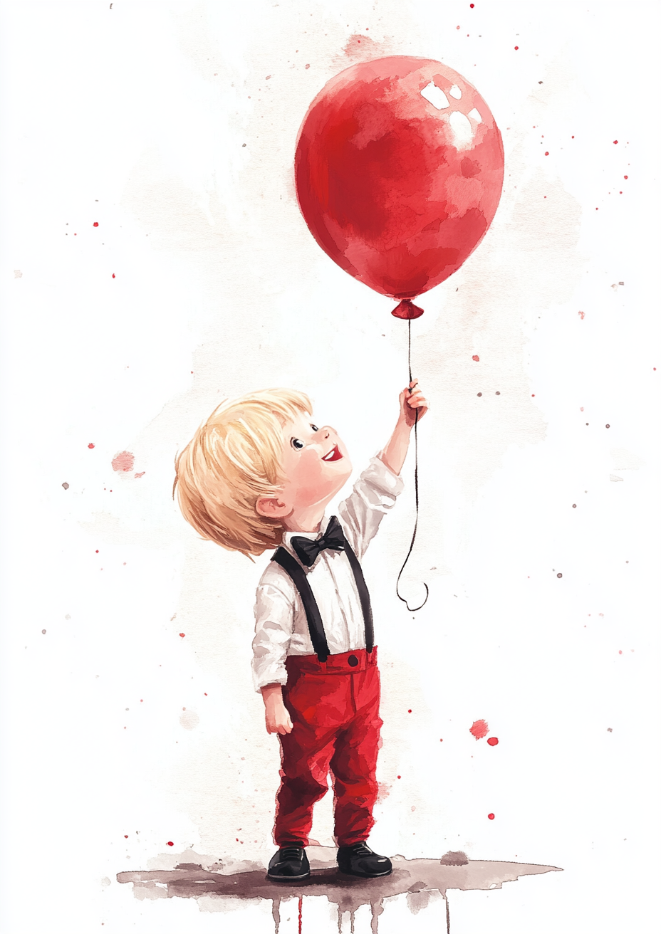 Happy boy with balloon in watercolor art style.