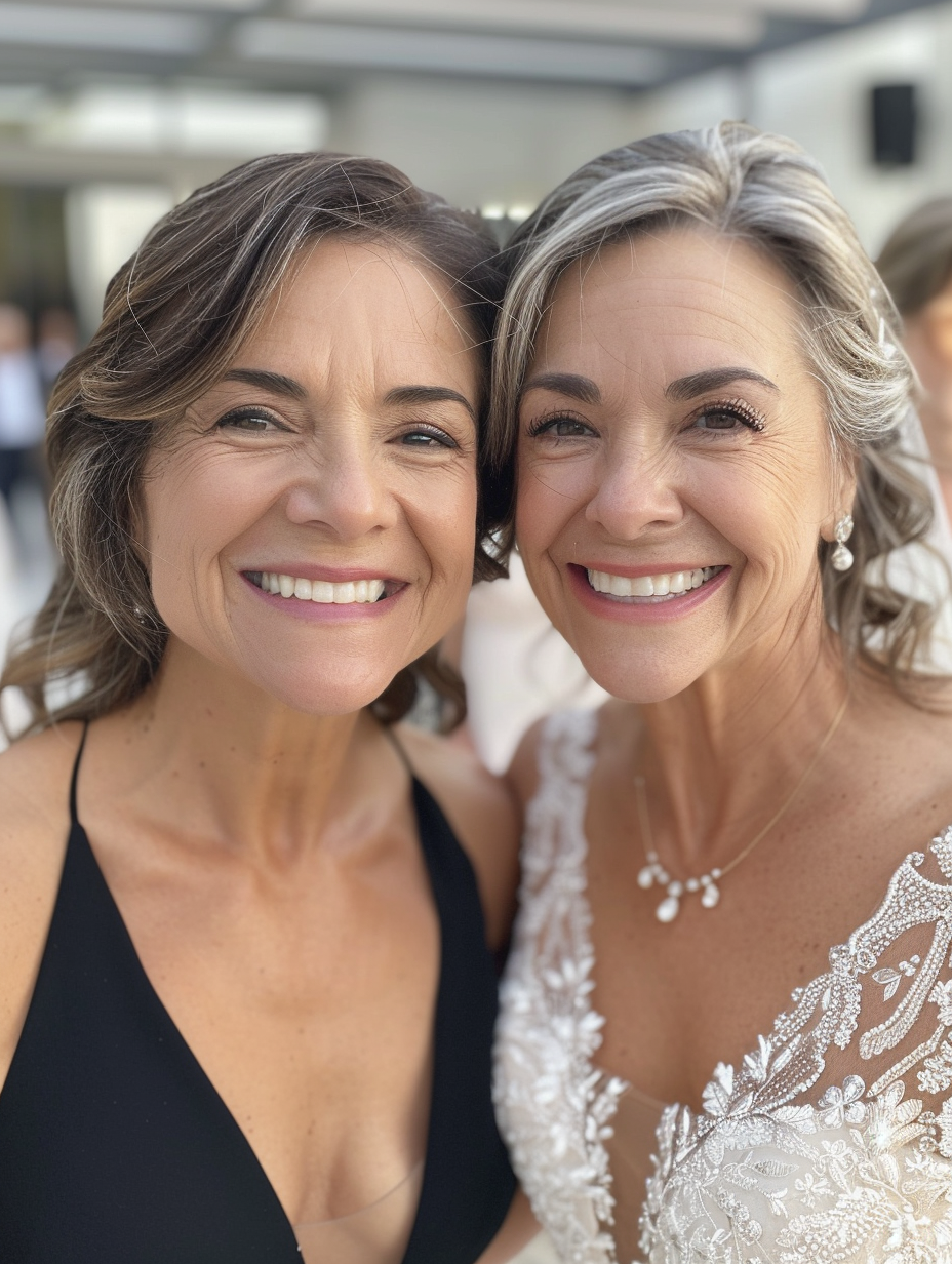 Happy bride and mom outside in wedding attire