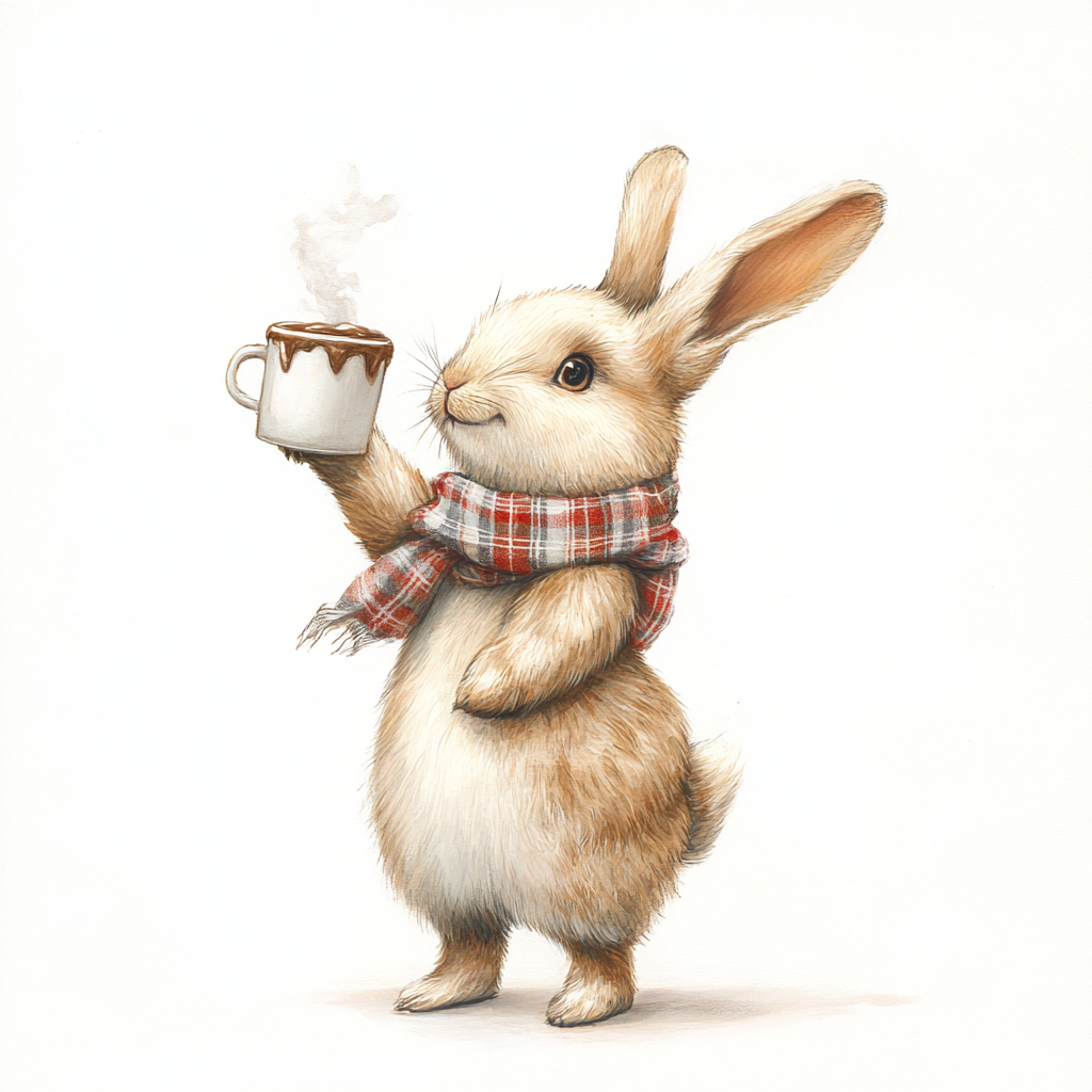 Happy bunny drinking hot chocolate in plaid scarf