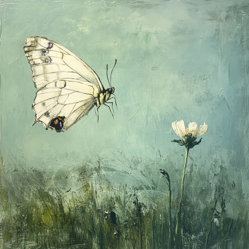 Happy butterfly on flower in pastel rural painting 