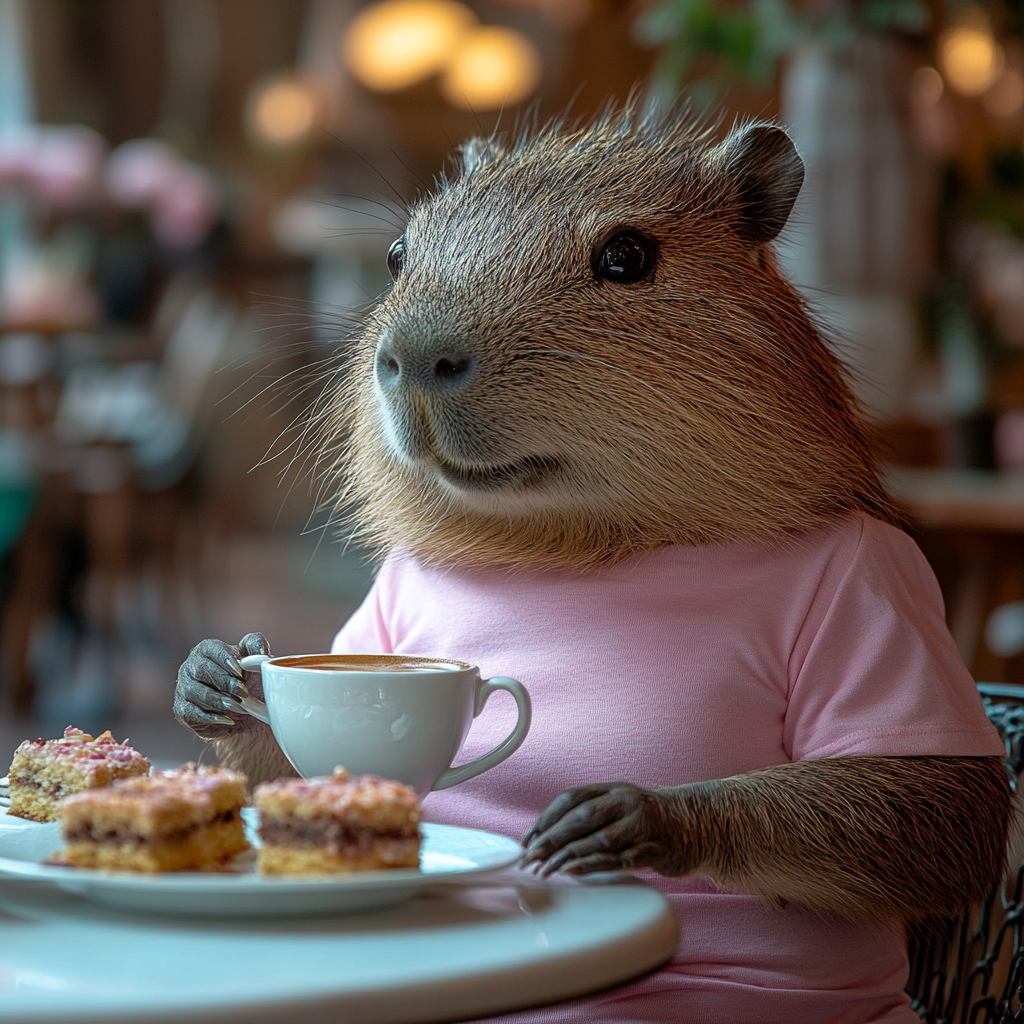 Happy capybara drinking coffee in pink shirt at cafe.