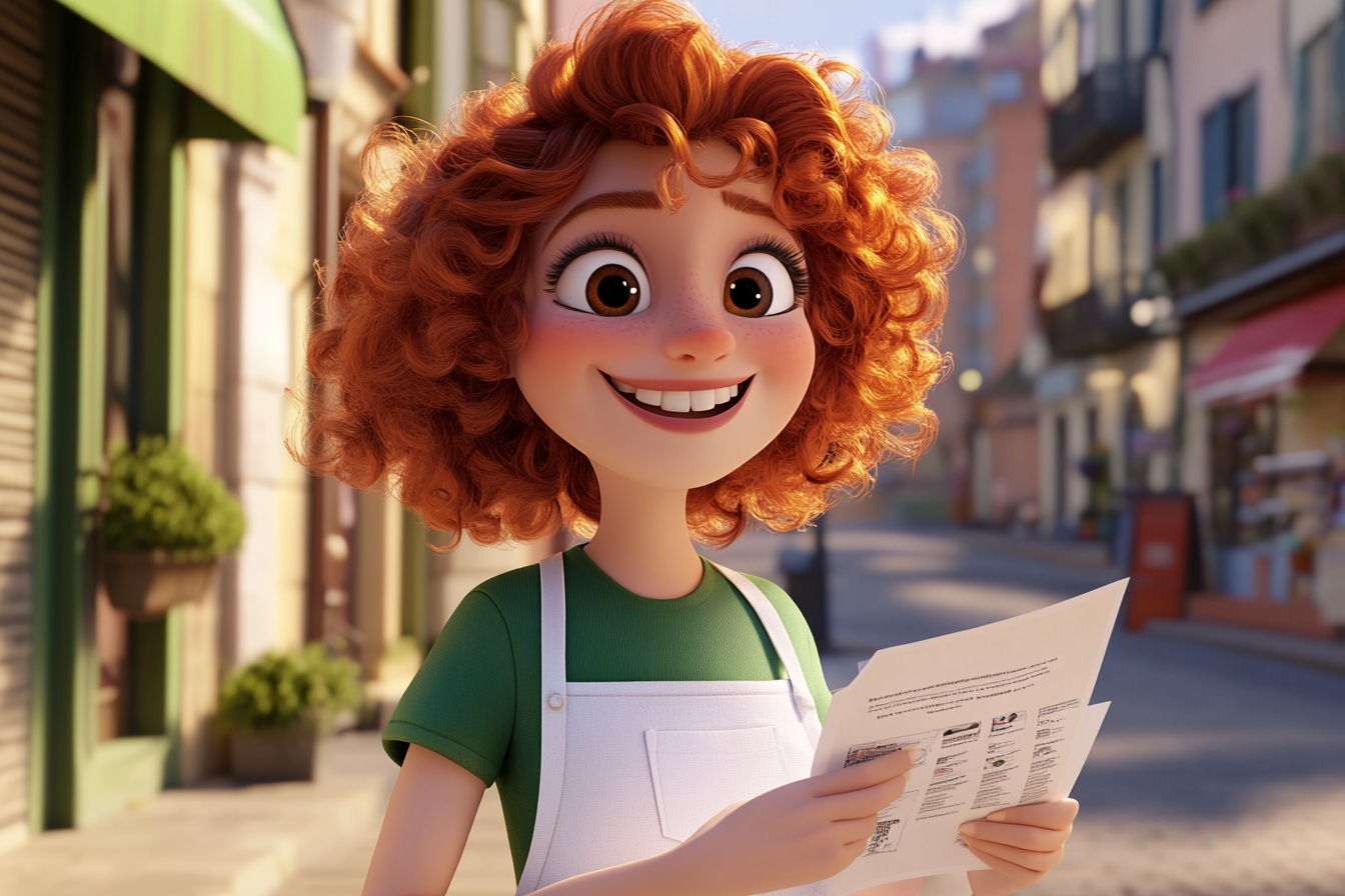 Happy cartoon character handing out flyers on street