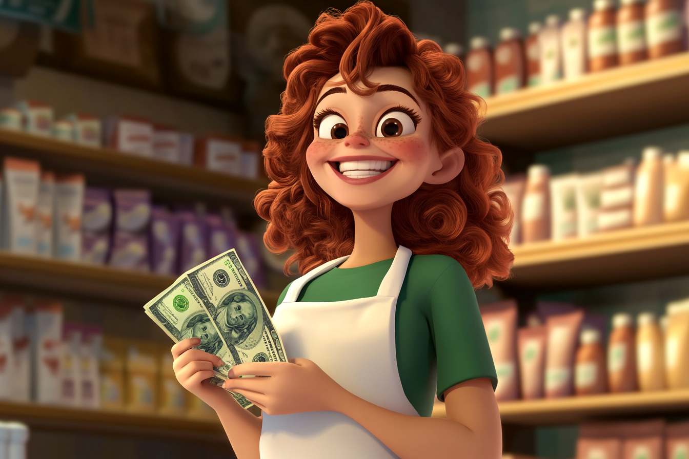 Happy cartoon lady with red hair, money, products