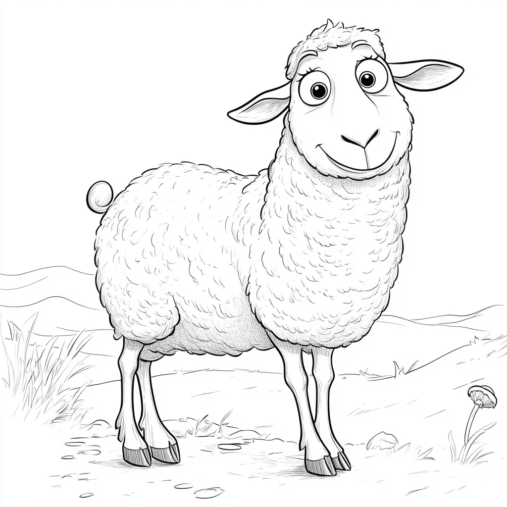 Happy cartoon sheep standing in garden by sea.