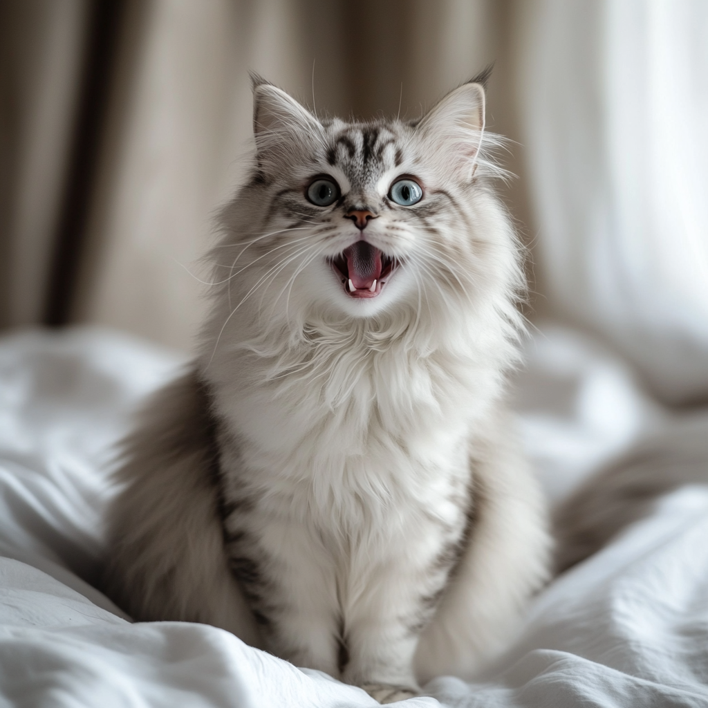 Happy cat with fluffy fur and big eyes.