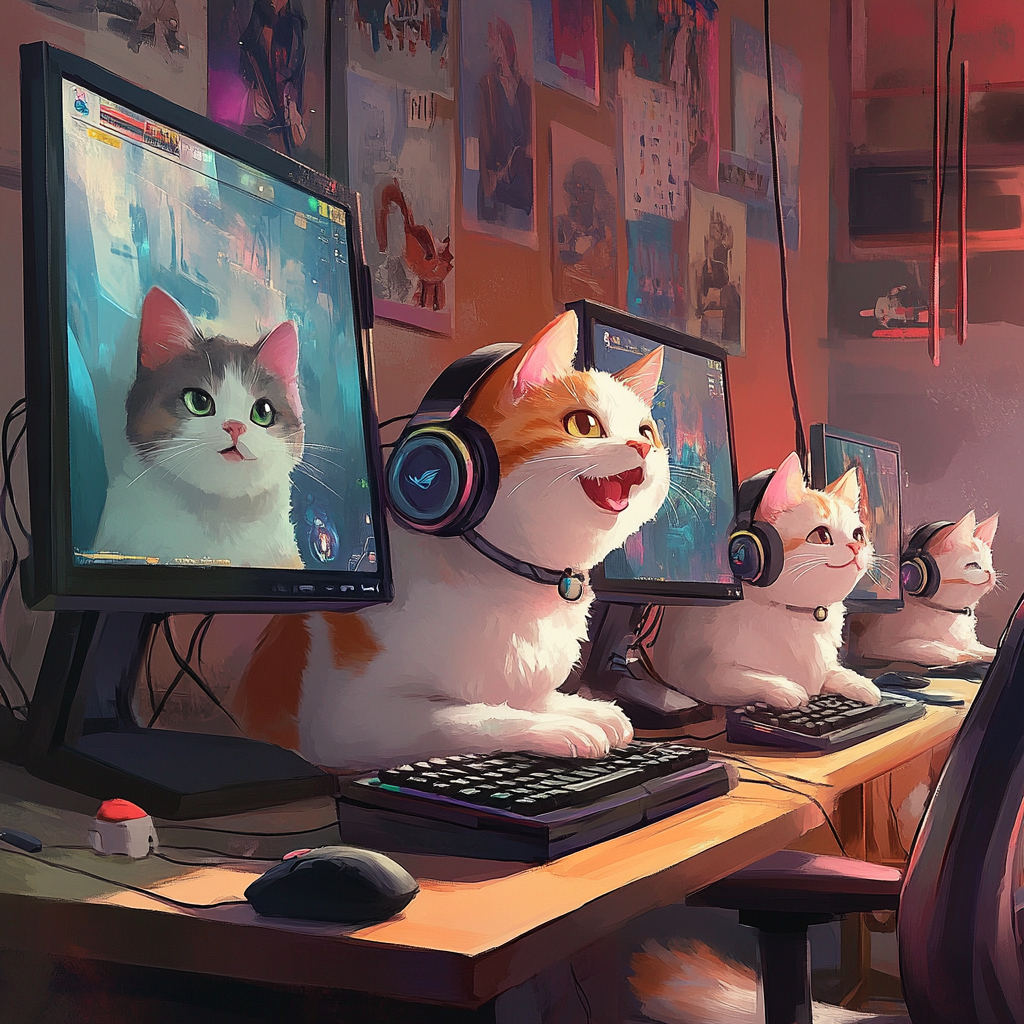 Happy cats playing games on computers with headphones