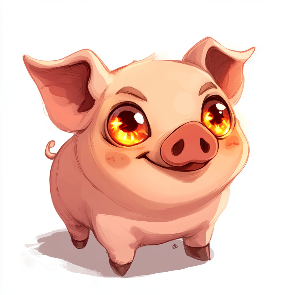 Happy chibi anime pig with glowing eyes design.