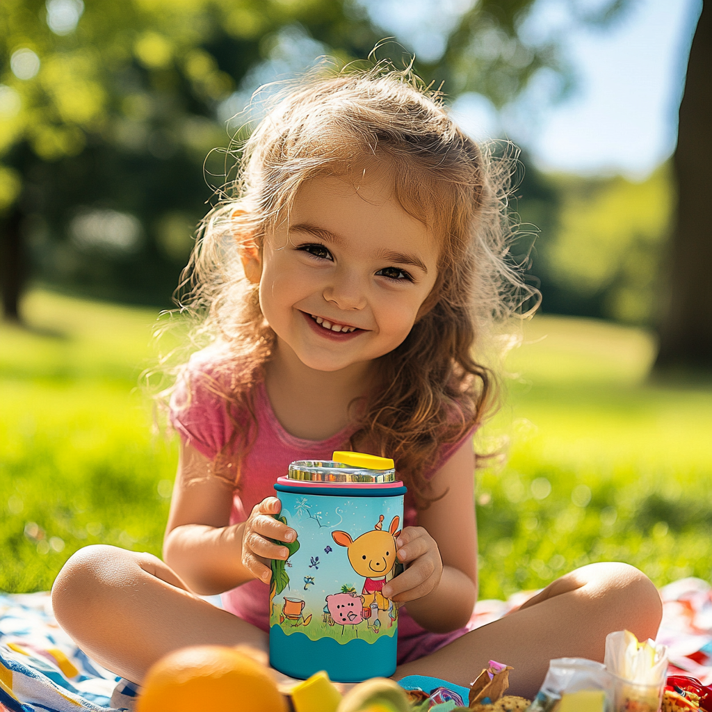 Happy child at park with thermos and snacks.