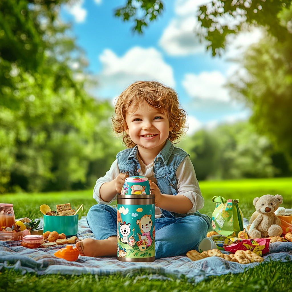 Happy child at sunny park picnic with thermos.